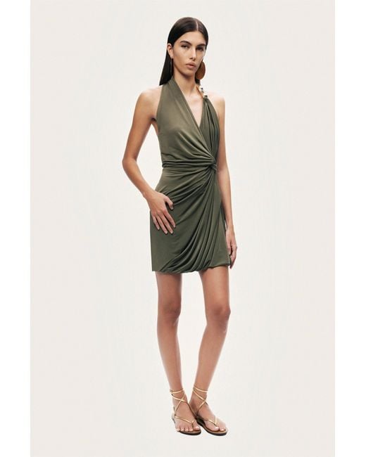 Nocturne Green Neutrals Draped Halter Mini Dress