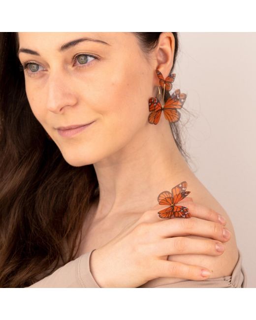 Oana Savu Orange Silk Butterfly Earrings Monarch Wings Lightweight Dangles
