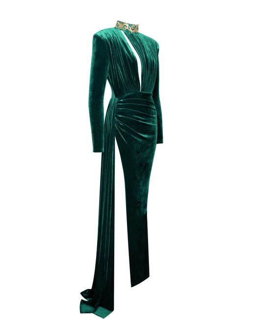Miss Circle New York Green Zenaida Emerald Cutout High Slit Velvet Gown
