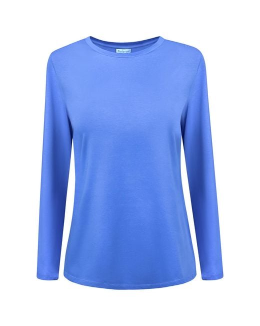 Perlavera Blue Tanya Solid Cotton Spandex Long Sleeve Length Crew Neck T-Shirt
