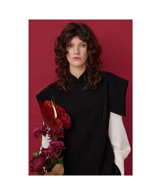 Julia Allert Black Tailored Blazer-Style Blouse With Satin Sleeves