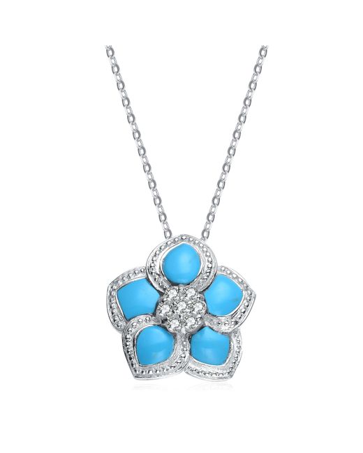 Genevive Jewelry Sterling Silver White Cubic Zirconia Light Blue Flower Pendant