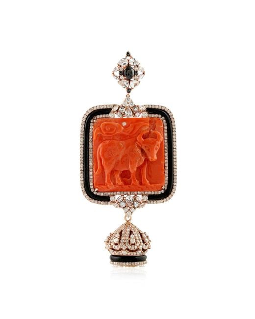 Artisan Orange 18k Rose Gold In Carved Coral & Onyx With White Sapphire Pearl Pave Diamond Beaded Tassel Pendant