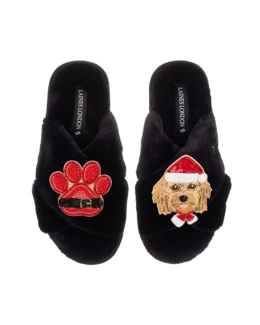 Laines London Black Classic Slippers With Christmas Golden Cavapoo & Paw Brooches