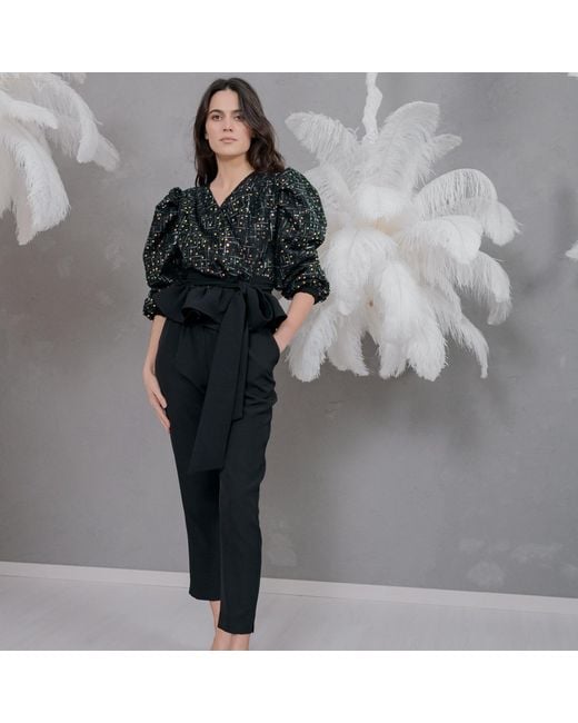 concept A trois Black Sequin Top With Puff Sleeves