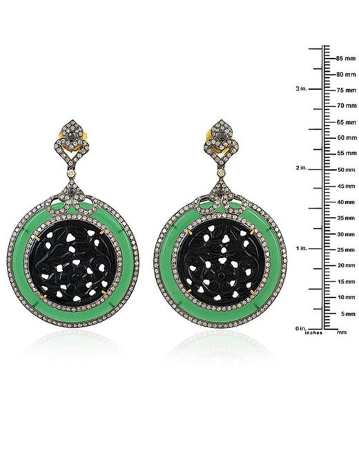 Artisan 18k Gold Silver With Carved Black & Green Onyx Gemstone Pave Diamond Dangle Earrings