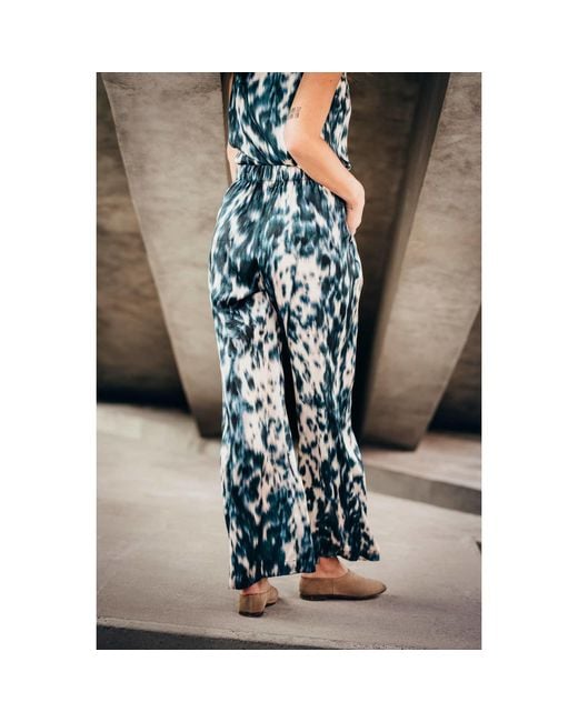 Oh!Zuza Blue Neutrals Echo Wide-Leg Viscose Satin Trousers – Print
