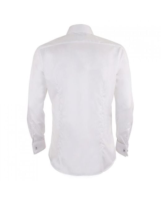 DAVID WEJ Blue Pin Collar Double Cuff Fine Herringbone Shirt – for men