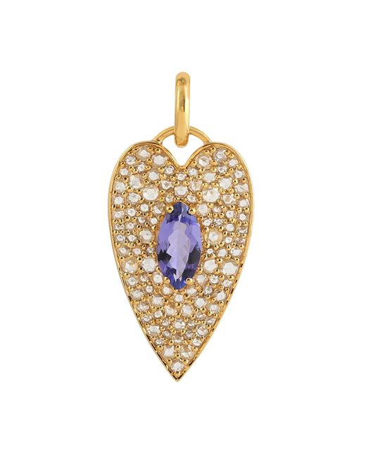 Artisan Metallic Marquise Shape Blue Tanzanite With Pave Natural Diamond In Heart Pendant & 18k Gold