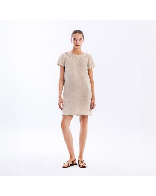Haris Cotton Natural Neutrals Knee Length Boatneck Linen Dress