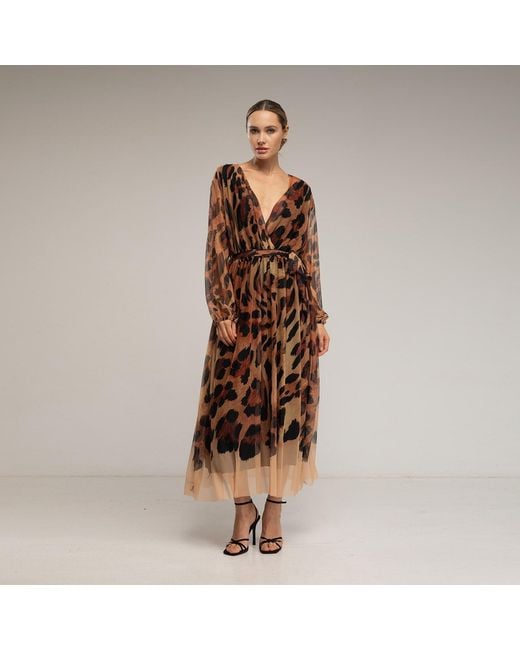 Tantra Spain Sl Brown Animal Print Tulle Midi Dress With V-Neck