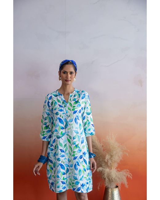 NoLoGo-chic Blue Sea Crest Print Tunic Classic Dress Linen