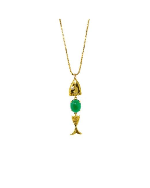 NASI SILVER Yellow Swimming Neshama Fish Pendant- Spinel & Freshwater Pearl