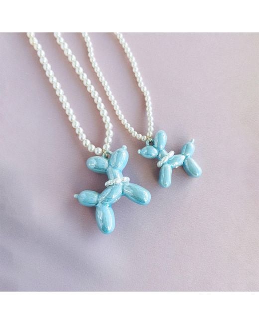 POPORCELAIN Blue Baby Porcelain Balloon Doggie Pearl Necklace