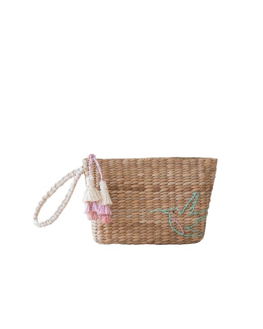 LIKHÂ Brown Neutrals Handwoven Seagrass Hummingbird Wristlet Pouch With Tassels