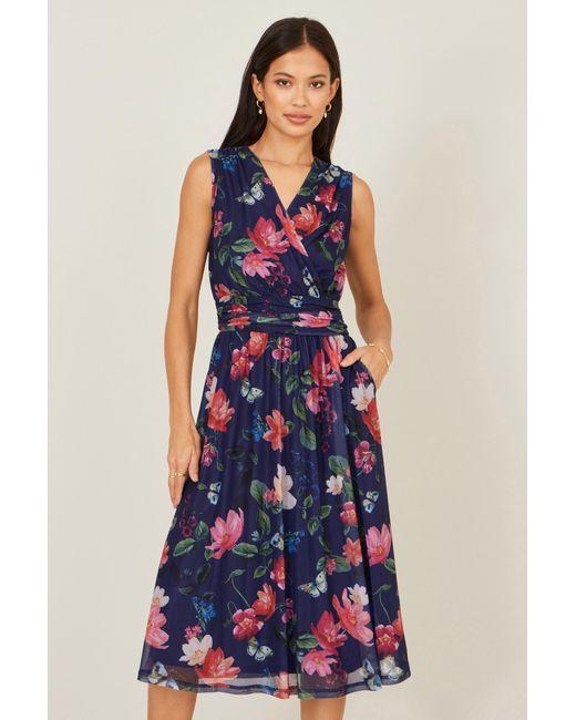 Yumi' Blue Blurred Floral Print Mesh Stretch Midi Dress With Pockets
