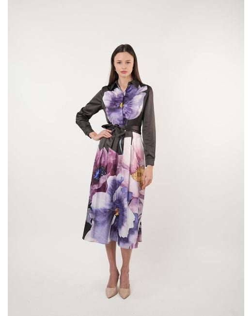 John Abgin Purple Satin Placement Print Floral Midi Shirt Dress