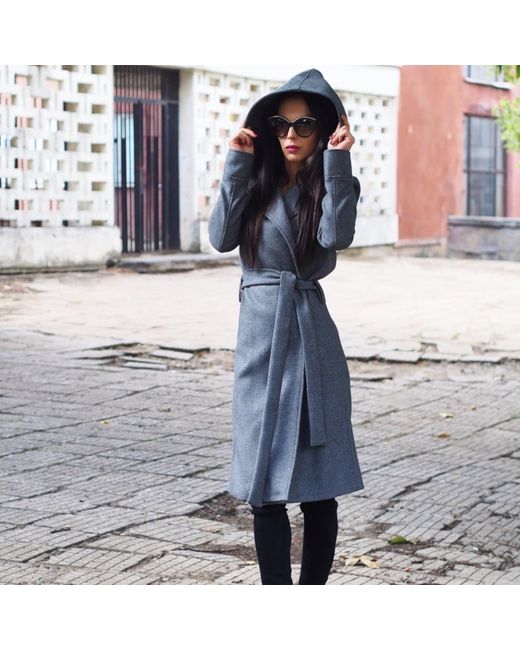 Adrenaline Fashion Blue Long Wool Coat With Hood And Belt – Handmade Designer Winter Overcoat