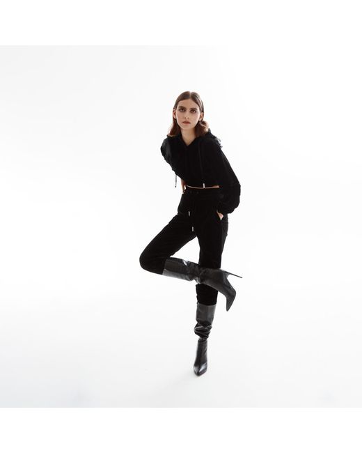 Lita Couture Black Short Hooded Velvet Sweatshirt