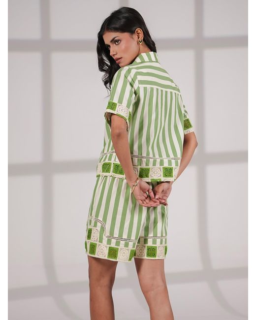 Rose & Nancy Green Helena Stripe Crochet Trim Cotton Resort Shirt