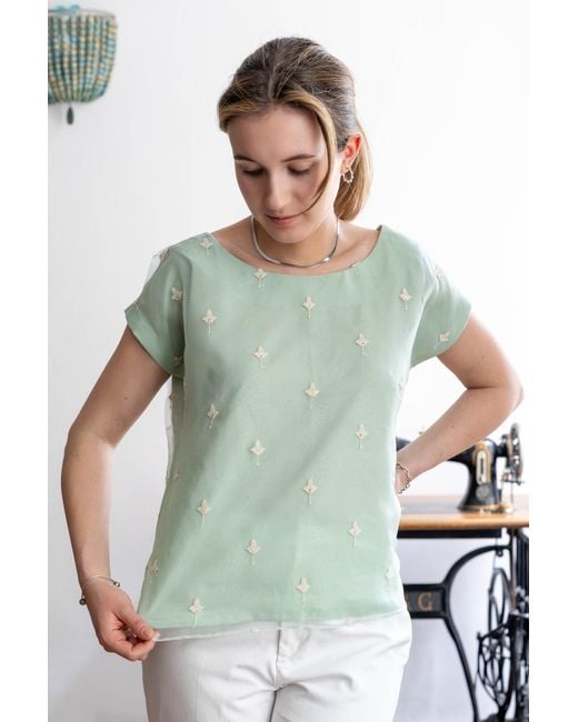 Stovaria Green Mint Organza Silk Blouse With Embroidered Flowers