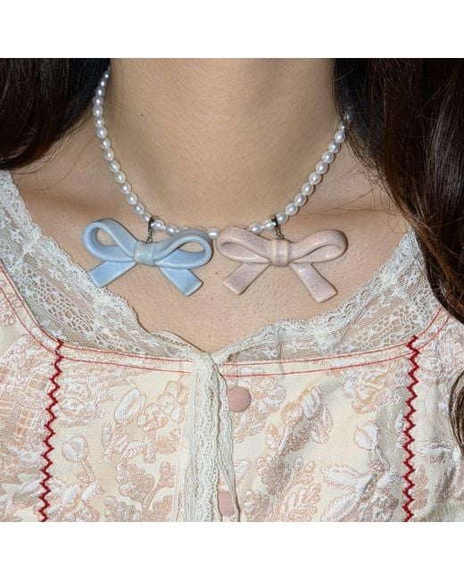 H2 Studio Blue Bowtie Maniac Medium Ceramic Ribbon Bowtie Round Baroque Freshwater Pearl Multi Charms Necklace And Set