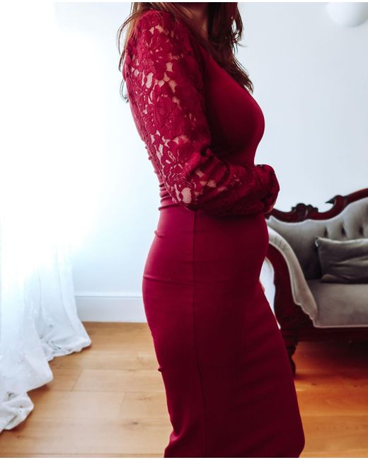 Sophie Cameron Davies Red Burgundy Lace Sleeve Jersey Midi Dress