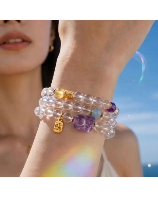 Ormiro Pink Pixiu Clear Quartz, Amethyst & Aquamarine Wrap Bracelet