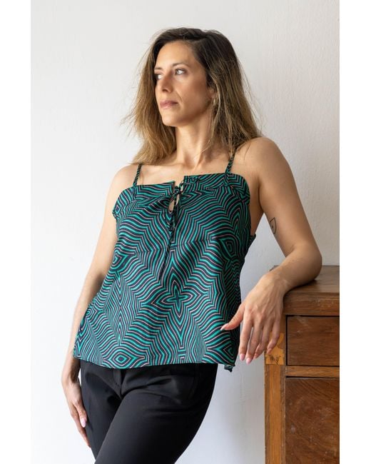 Stovaria Green Pure Silk Strappy Camisole Top With Tie Front