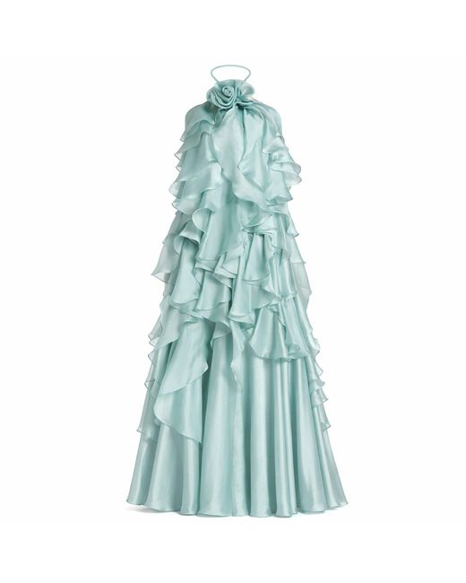 Mac Duggal Blue Halter Neck Open Back Trapeze Ruffle Gown