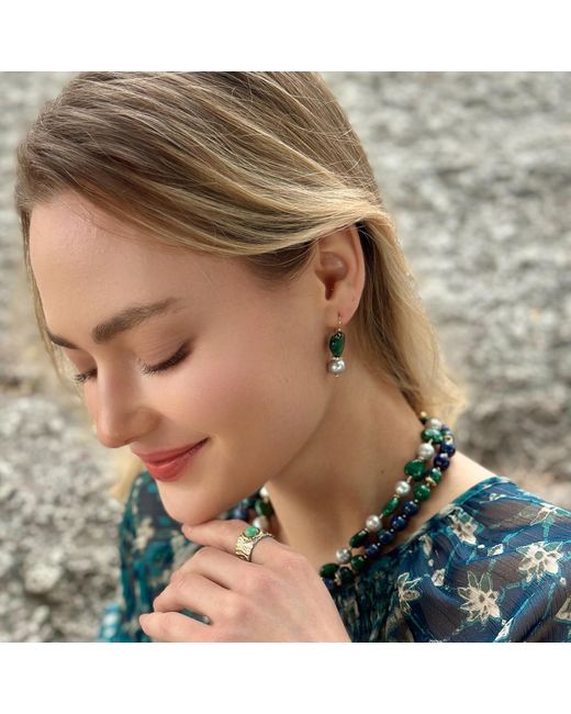 Farra Green Heart Malachite With Freshwater Pearls Dangle Earrings