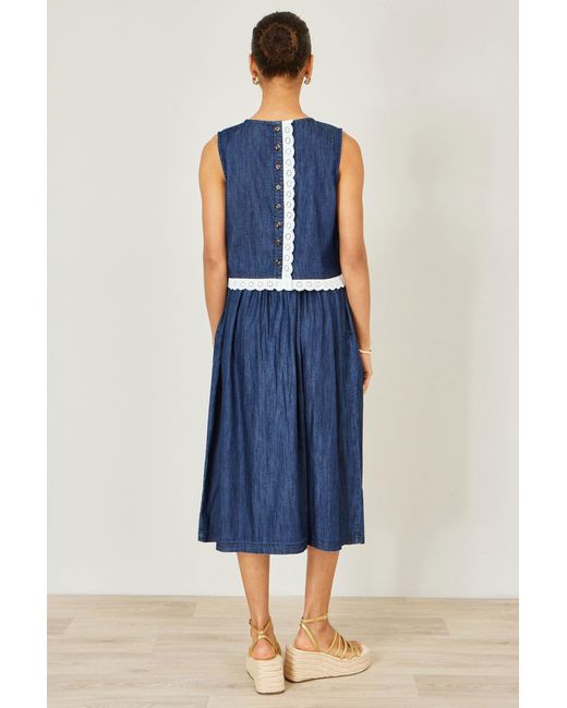 Yumi' Blue Cotton Chambray Top With Lace Trims