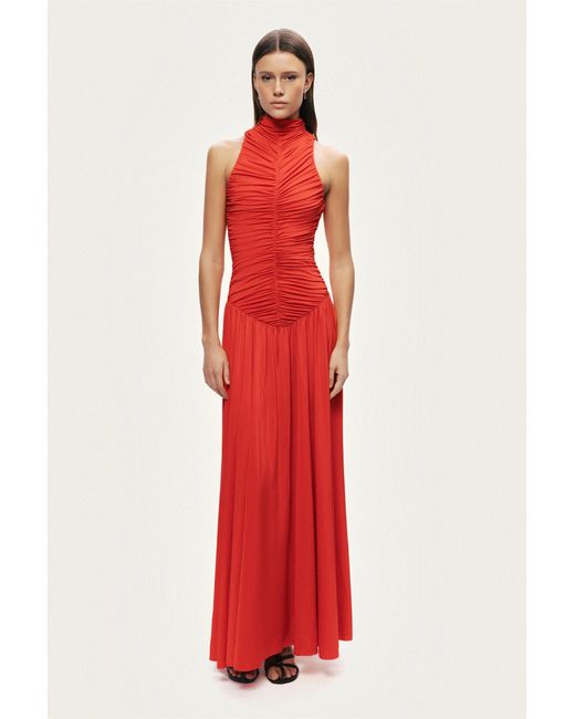 Nocturne Red Ruched High-Neck Maxi Dress