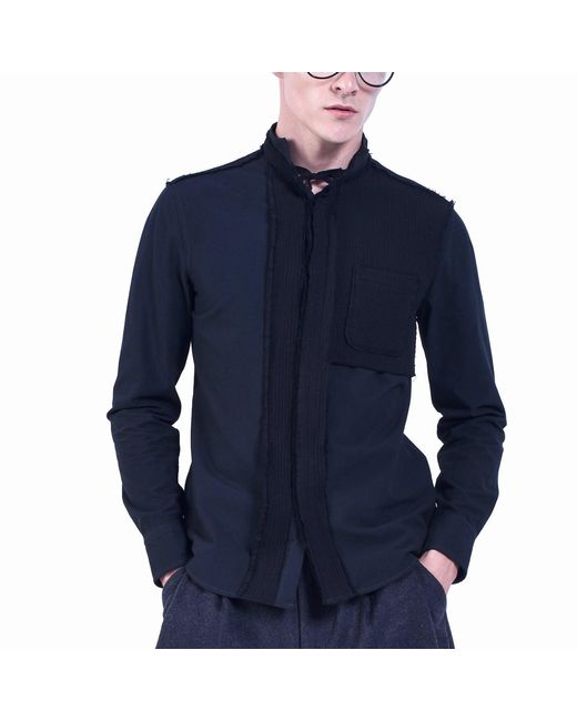 Smart and Joy Blue Bi-Material Shirt With Tied Stand-Up Collar for men