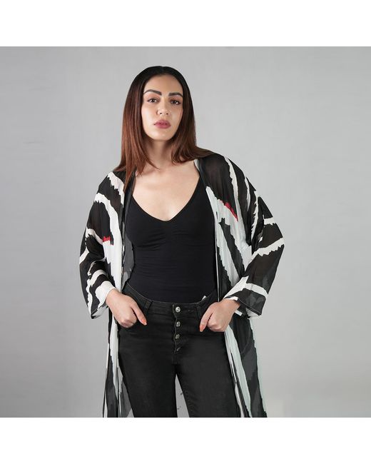 DHARA SHETH DUBAI Black Into The Wild And Stripe Zebra Print Kimono Dress