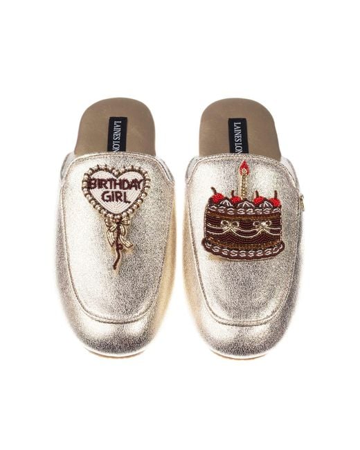 Laines London Metallic Classic Mules With Birthday Girl & Chocolate Cake Brooches