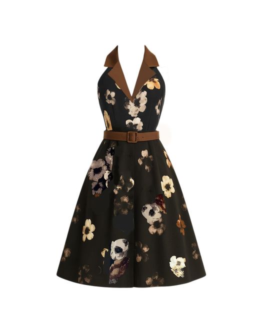 Richa Sharma Black Neutrals Floral Belted Halter Tunic Dress