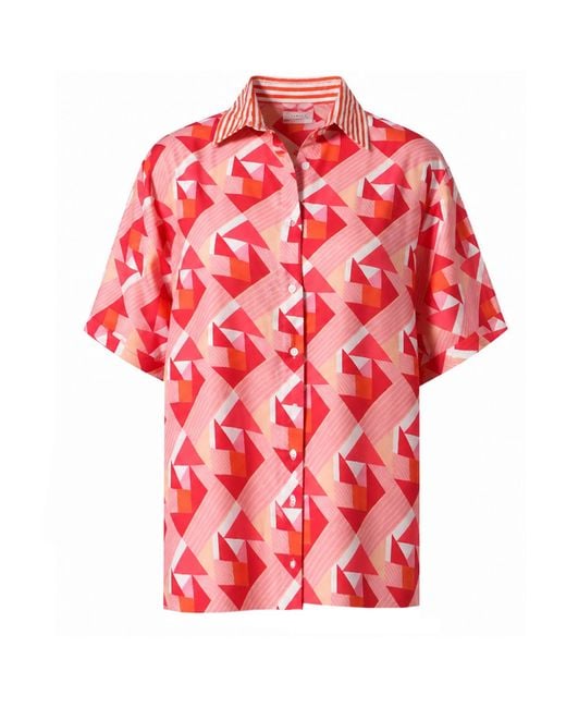 LOVEIST STORE Red Coral Geometric Patterned Linen-Feel Short Sleeve Shirt