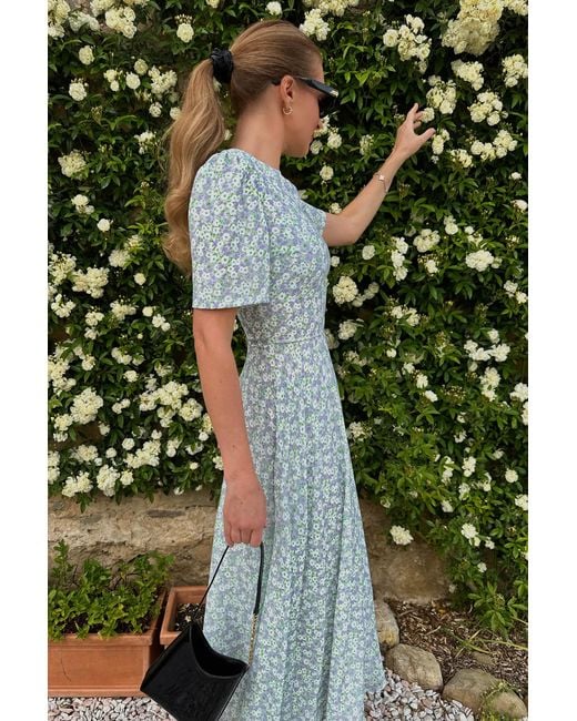 POST MERIDIEM Blue Short Sleeve Floral Midi Dress
