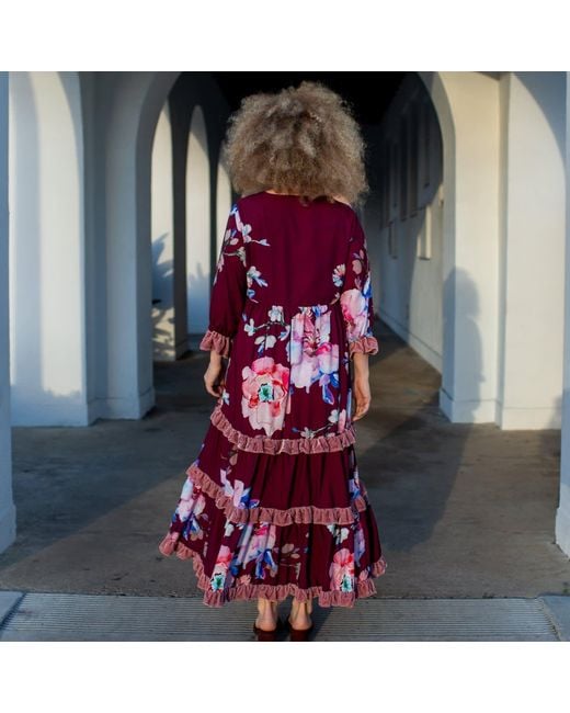 Jennafer Grace Red Plum Rose Velvet Ruffle Maxi Dress