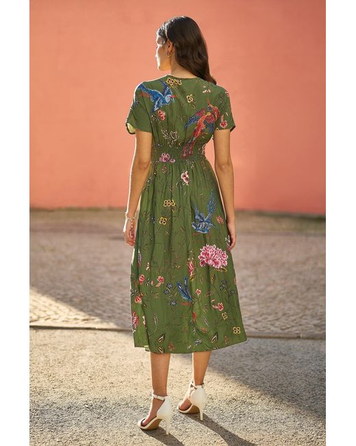Yumi' Green Bird And Floral Print Ruched Waist Kimono Midi Dress