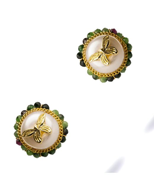Ebru Jewelry Metallic Jade Halo Pearl & Butterfly Stud Earrings