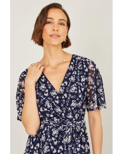 Yumi' Blue Floral Mesh Wrap Dress