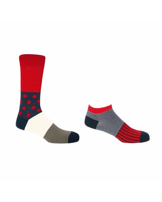 Peper Harow - Made in England White Scarlet Mayfair Crew & Oxford Stripe Trainer Socks 2 Pack for men
