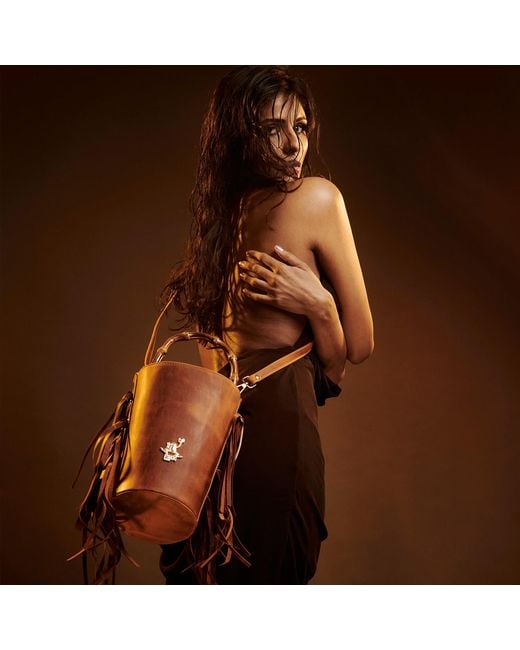 F3Rog by Rana Brown Light Fringe Crossbody Bucket Bag