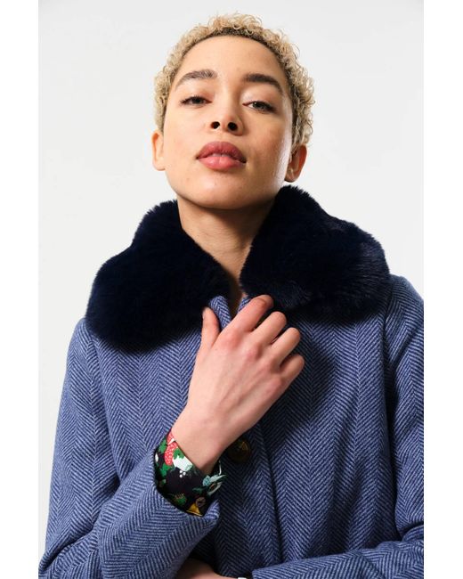 Louche Blue Dryden Herringbone Fur Collared Coat