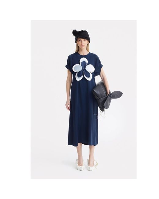 Julia Allert Blue Silky Touch Midi Dark Dress With Handmade Floral Appliqué