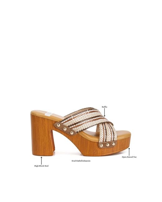 Rag & Co Brown Finley Raffia High Block Heel Clogs