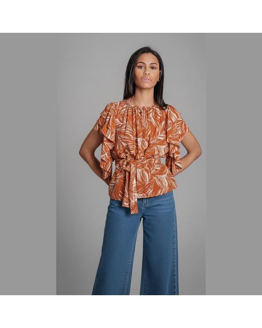 Imaatu Brown Butterfly Blouse Palms Rust Sustainable Viscose One Size Ruffle Sleeves Tropical Print