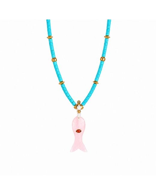 Ormiro Blue Love Fish & Rose Quartz Beaded Necklace
